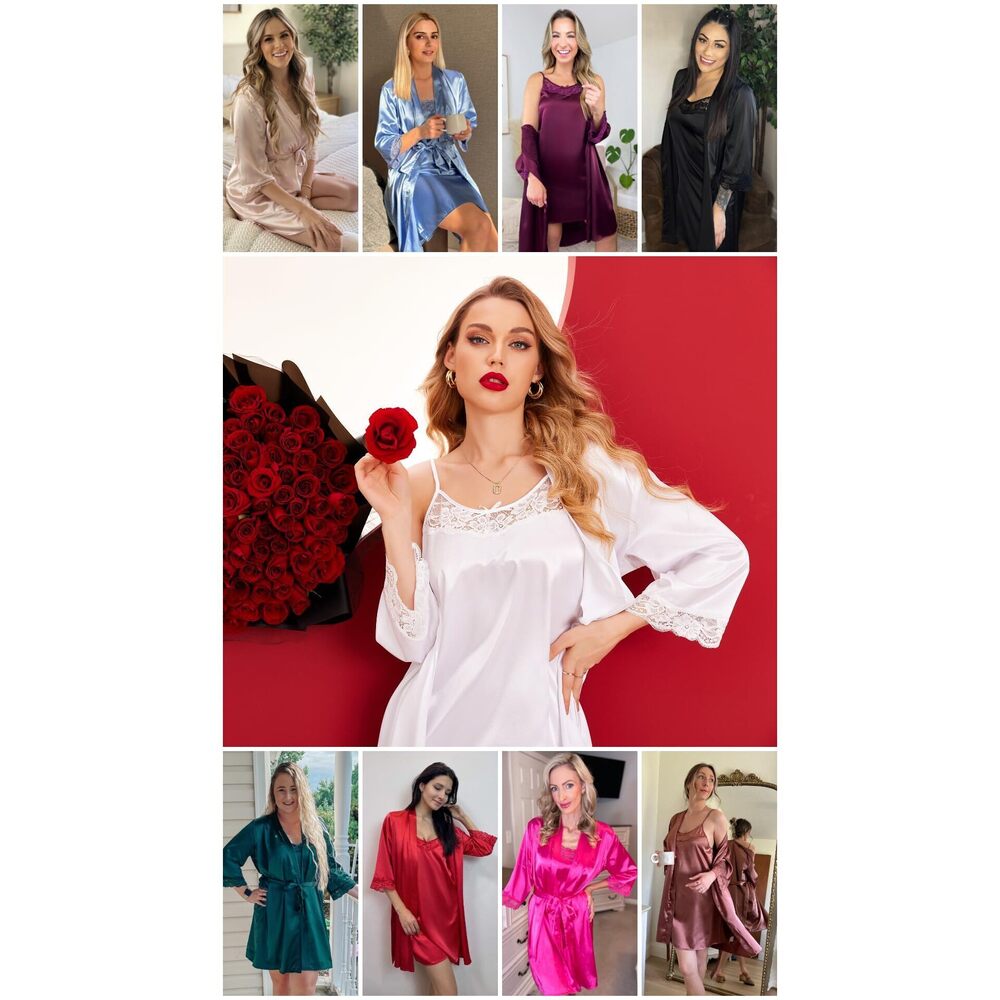 1289 Sleepwear Satin Nightgown with Robes Set 2 Piece Sexy Lace Cami - Picture 5 of 5